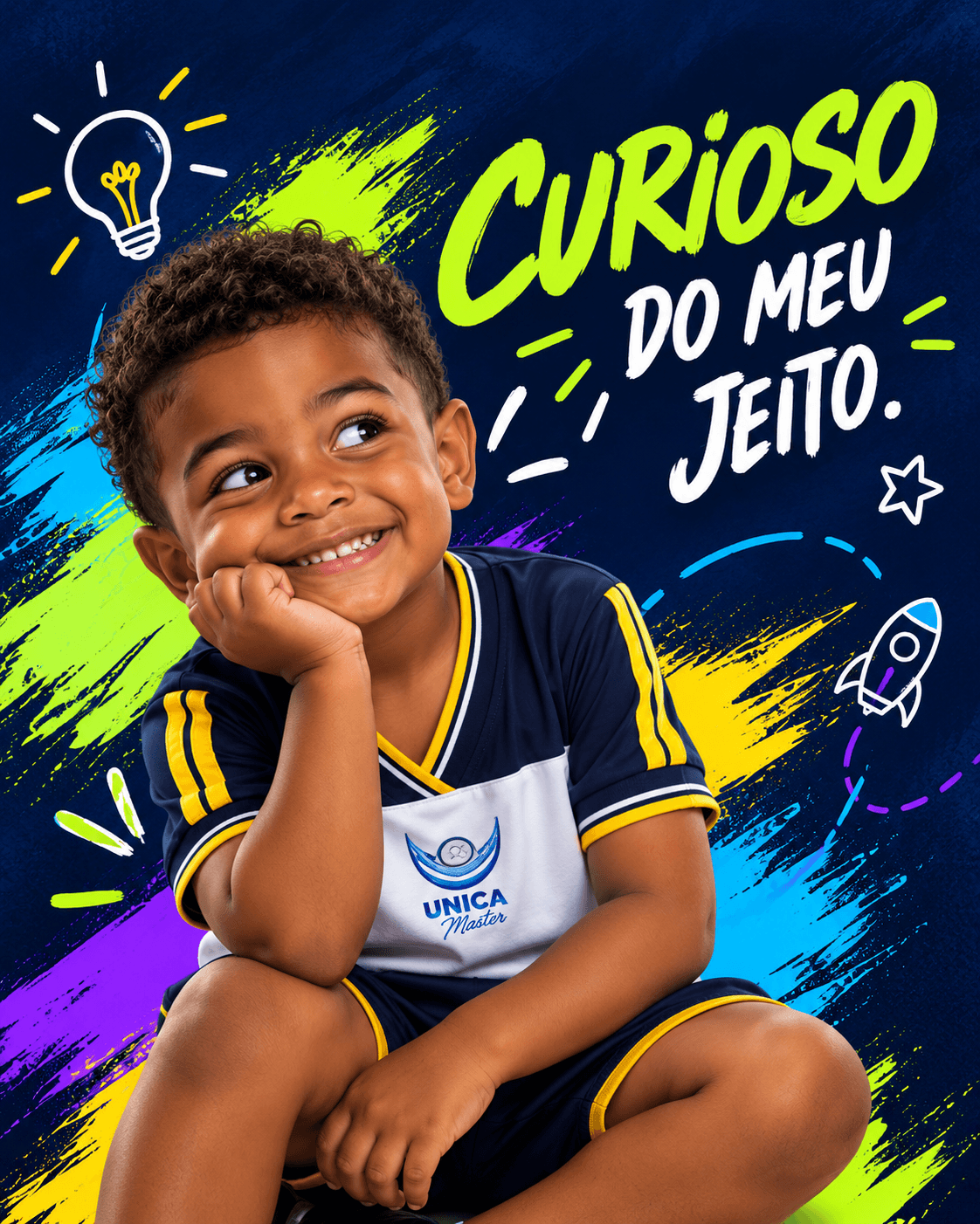 Menino da Educação Infantil, mão no queixo, sorrindo. Texto: Curioso do meu jeito.